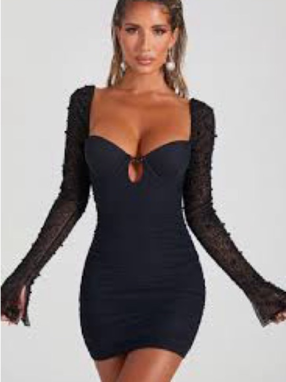 Oh Polly St. Germain Black Pearl Embellished Ruched Long Sleeve Mini Dress 4